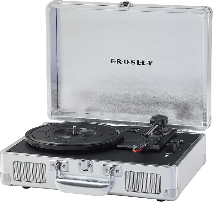 Crosley CR8005F-SI Cruiser Plus Vintage 3-Speed Bluetooth in/Out Suitcase Vinyl Record Player Turntable with Built-in Speakers, Silver
