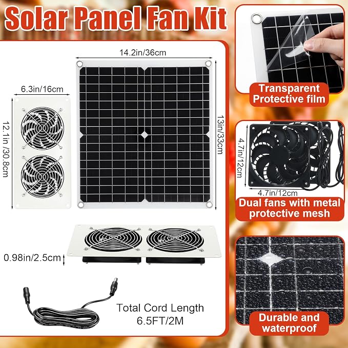 4 Set Solar Fan for Chicken Coop with Shed Light, 25W Panel Dual Exhaust Vent Kit, Waterproof 12V Solar Powered Ventilation System with Timer for Greenhouse, Pet House