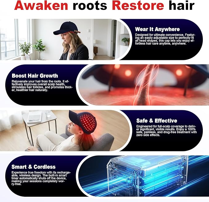 Red Light Therapy for Hair Growth Laser Cap – 650nm LLLT for Hair Loss, Thinning & Alopecia, Full Scalp Coverage, At-Home Treatment for Men & Women - Blue