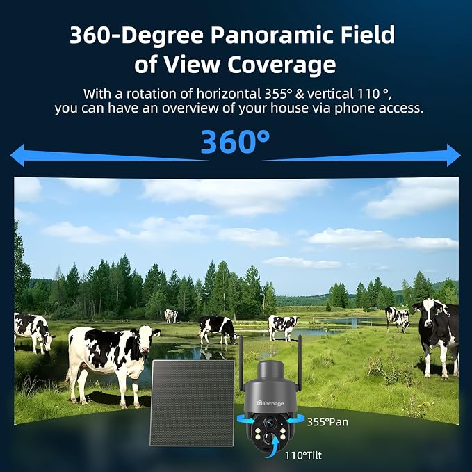 Techage 4G LTE Cellular Solar Security Camera Wireless Outdoor, 2.5K NO WiFi Security Camera with Color Night Vision, 360° PTZ Live View, PIR Motion Detection, 2 Way Talk, 64GB Card Built-in SIM Card
