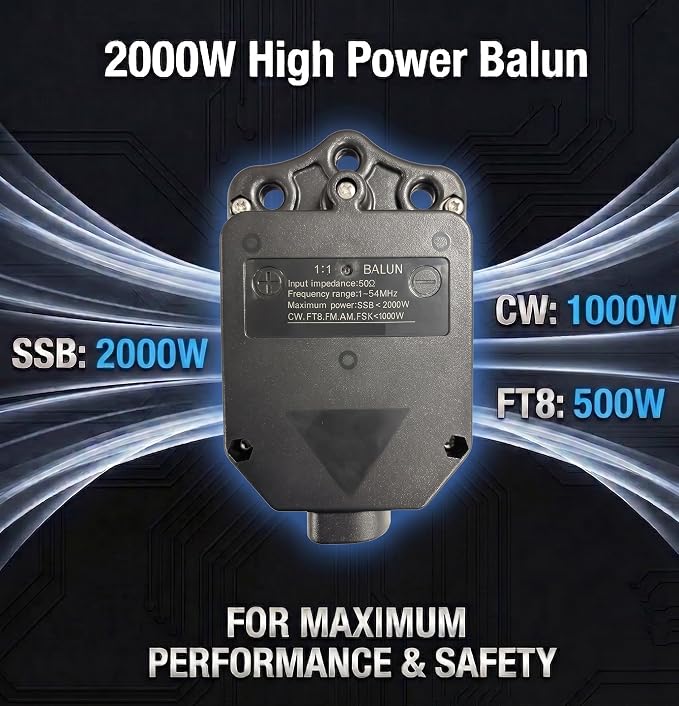1:1 Balun Antenna 2000W 1-54MHz HF Shortwave Current Balun for Ham Radio, Low SWR Dipole Antenna for Yagi, Inverted V, Positive V & 50 Ohm Antenna Systems