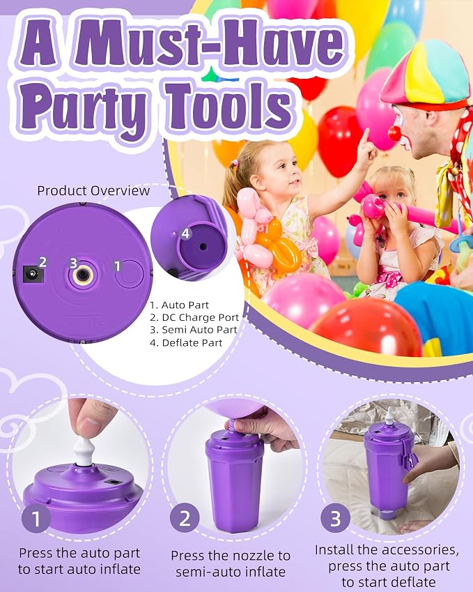 Portable Balloon Pump Electric, Rechargeable Cordless Balloon Pump Inflator for All Balloons, Latex 260q Foil Mylar Balloon Inflation, Quick-Fill Inflator& Deflator for Inflatables,Purple