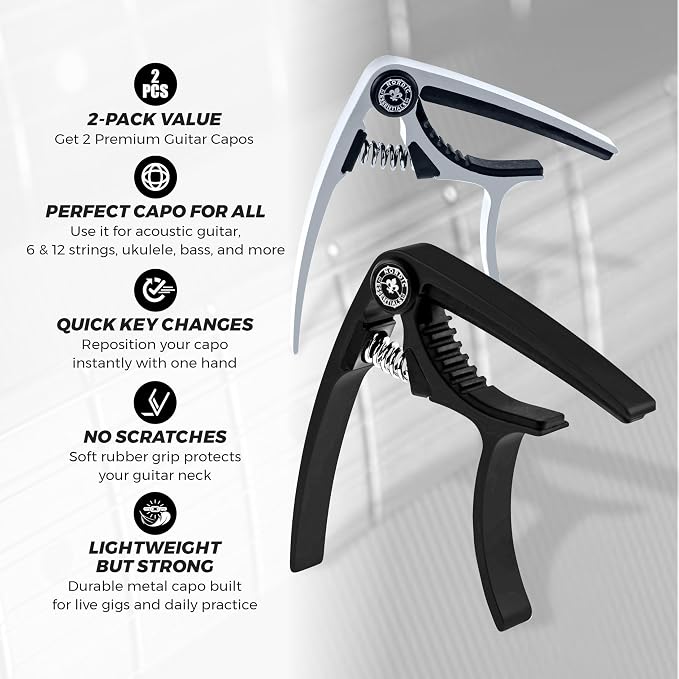 Guitar Capo (2 Pack) for Acoustic Guitars, Ukulele, Banjo, Mandolin, Bass - Made of Ultra Lightweight Aluminum Metal (1.2 oz!) for 6 & 12 String Instruments - Nordic Essentials, Black+Silver