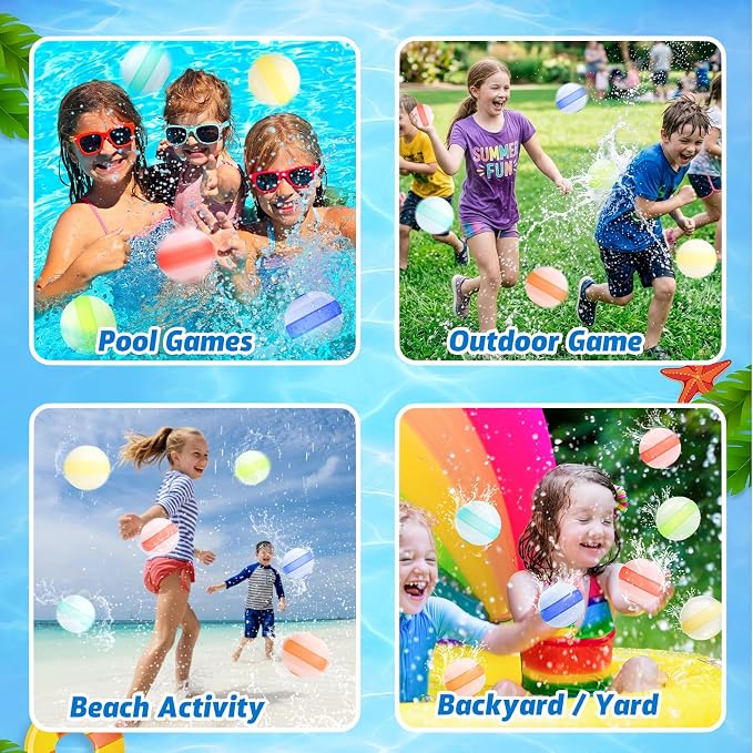 24 Pcs Reusable Water Balloons, Pool Beach Water Toys for Kids, Refillable Water Balloons, Quick Fill, Self-seal, Soft Silicone Water Ballons - Outdoor Summer Toys for Kids Ages 3-12