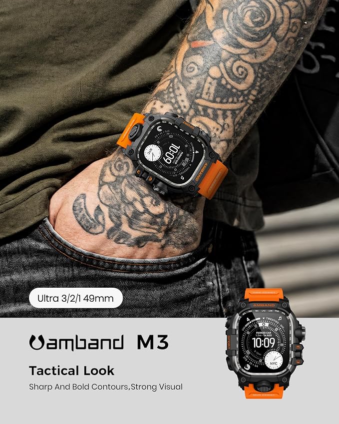 amBand Rugged Case with Band for Apple Watch Ultra 3/2/1 49mm, M3 Military Grade Shockproof Cover, Includes Screen Protector Kit, Tactical Band for Men - Compatible with iWatch Ultra, Orange