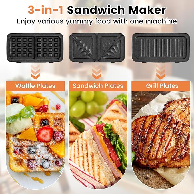 COSTWAY 1200W Waffle Maker with Removable Non-Stick Plates, Panini Grill Press with 5-Gear Temperature Control, 3-in-1 Sandwich Maker for Breakfast