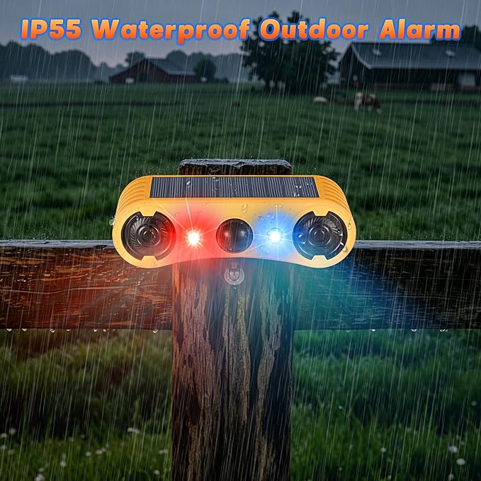 Solar Motion Sensor Alarm Outdoor, Red & Blue LED Strobe Light with 130dB Dual Speakers, 13 Loud Sounds Dog Barking & Siren, Continuous Loop Playback, 4 Working Modes for Home, Villa, Farm, Barn