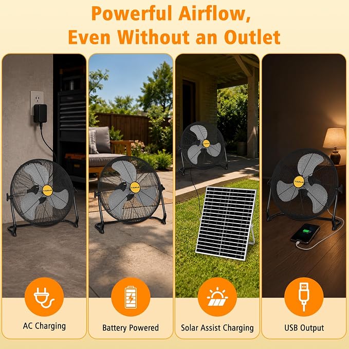 T-SUNiceM 16" Portable Battery Operated Solar Fan for Outdoor Indoor | 15600mAh Rechargeable Battery,25W Motor with Aluminum Blades,3.5H Fast Charging,360° Tilt Design,USB Type-C Output