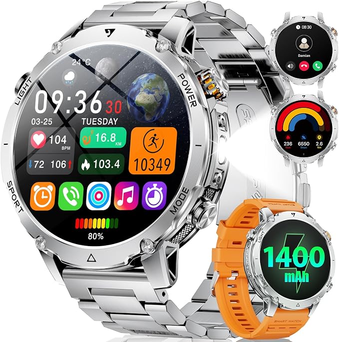 LIGE Military Smart Watch for Men, 1400mAh 60-Days Battery, 1.85" HD Smartwatch with LED Flashlight, 100+ Sports Mode, IP68 Waterproof, Pedometer, Fitness Watch for Android iOS (Sliver)