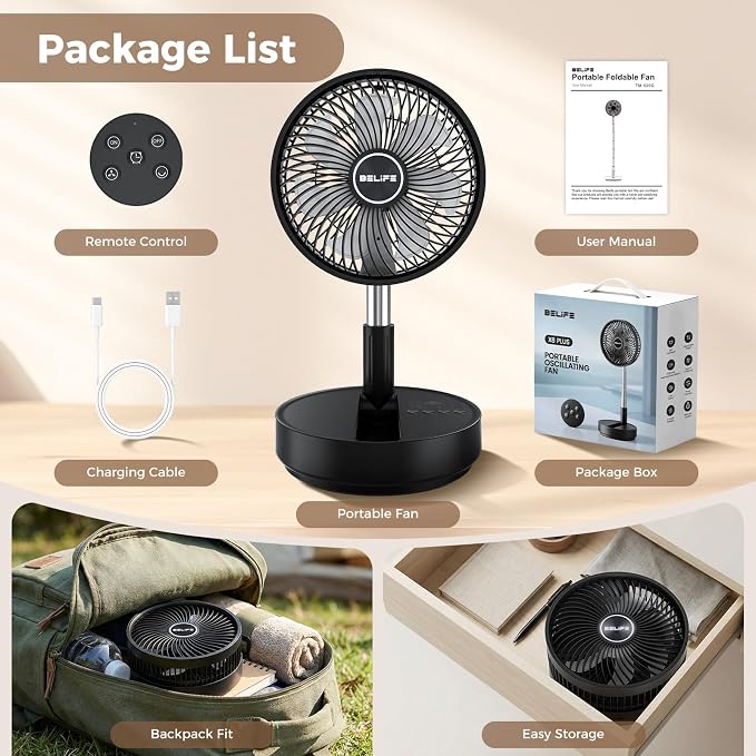 Belife X8 Plus Portable Oscillating Fan, 8'' 7200mAh Rechargeable Battery Powered Operated USB Fan with Remote, Cordless Quiet Standing Foldable Floor Table Fan for Camping Travel Cruise Bedroom
