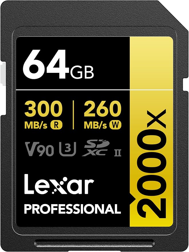 Lexar 64GB Professional 2000x SD Card, UHS-II, C10, U3, V90, Full HD, 8K, Up To 300MB/s Read SDXC Memory Card, for DSLR, Cinema-Quality Video Cameras (LSD2000064G-BNNNU)