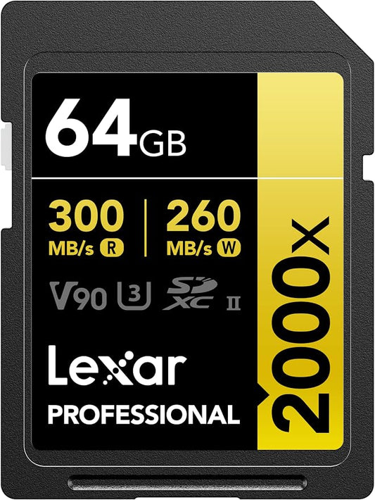 Lexar 64GB Professional 2000x SD Card, UHS-II, C10, U3, V90, Full HD, 8K, Up To 300MB/s Read SDXC Memory Card, for DSLR, Cinema-Quality Video Cameras (LSD2000064G-BNNNU)
