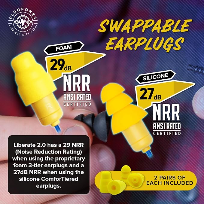 Plugfones Liberate 2.0 Wireless Bluetooth in-Ear Earplug Earbuds- 29NRR Noise Reduction Headphones with Noise Isolating Mic and Controls (Blue & Yellow)