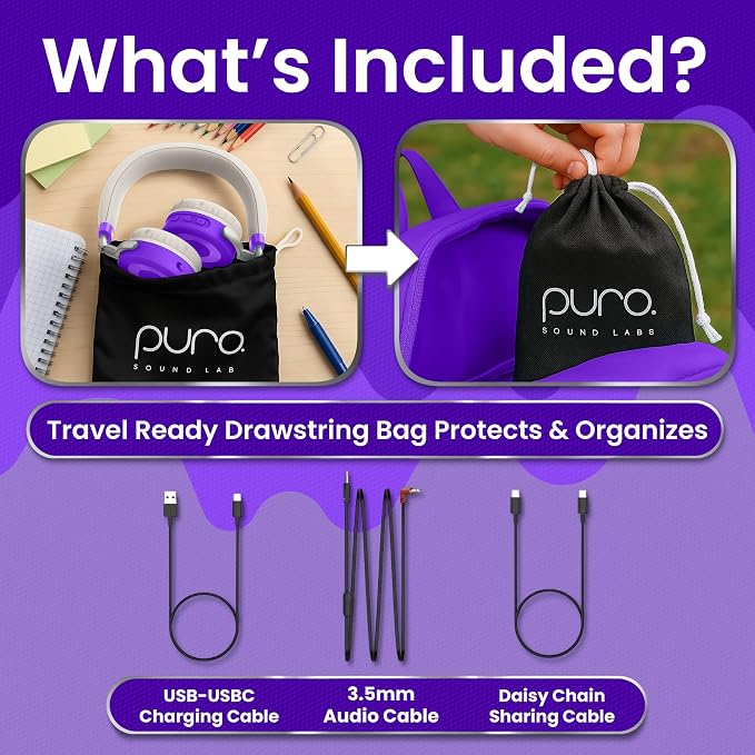 Puro Sound Labs JuniorJam Plus Volume-Limiting Wireless Bluetooth Headphones for Kids, Secure Audio with Adjustable On-Ear Design, 22-Hour Battery Life, Ideal for Tablets, Smartphones & PCs - Purple