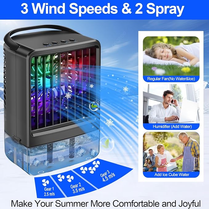 Portable Air Conditioners Fan - Portable AC Small Personal Air Cooler, Quiet Mini Mobile Cooling Fan with Handle,2/4H Timer 3 Speeds,Desk Air Conditioner with 7 Color for Home Bedroom Office Outdoor