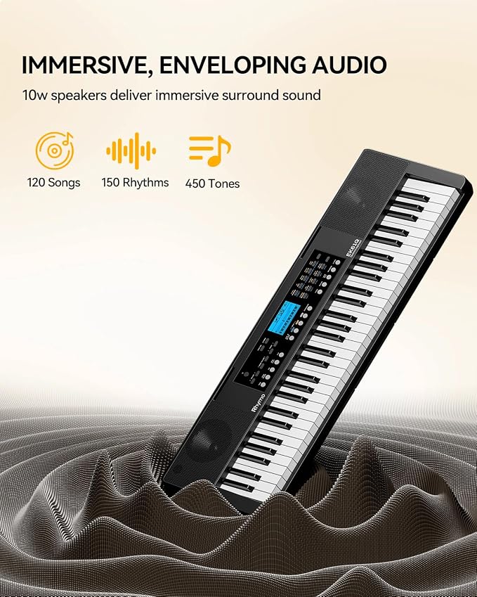 Rhymo 61 Key Electronic Piano Keyboard for Beginners with 450 Tones, 120 Demo, 150 Rhythms, Touch-Sensitive Full Size Portable Keyboard Piano Includes Sheet Stand, Earbuds, Note Stickers