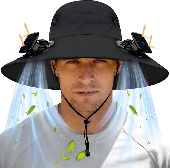 Wide Brim Sun Hat with 2 Solar Fans, UPF 50+, USB Charging for Fishing, Hiking, Beach | Solar Power Hat