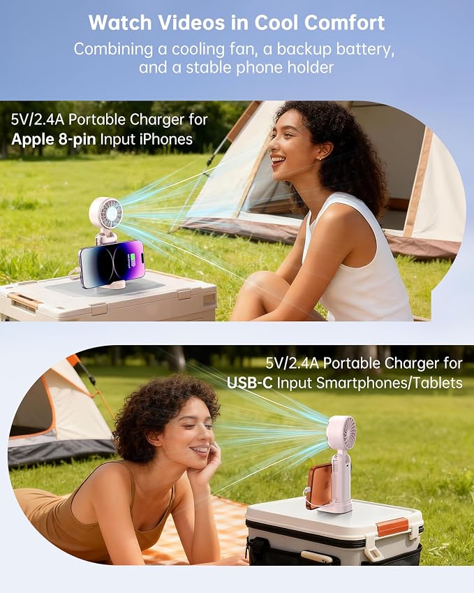 Portable Handheld Personal Fan with USB-C & iOS Cables 5V/2.4A Fast Charging for Cellphone/Tablet, 20H Cooling Time, Foldable Design with Phone Stand for Camping Travel Outdoor (1, Pink)