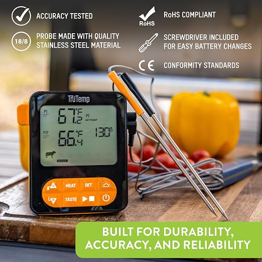 Taylor TruTemp Dual Probe Wired Programmable Meat & Food Thermometer, Digital, Monitor Two Dishes, Baking, Grilling, Roasting, User-Friendly, Backlit, Orange