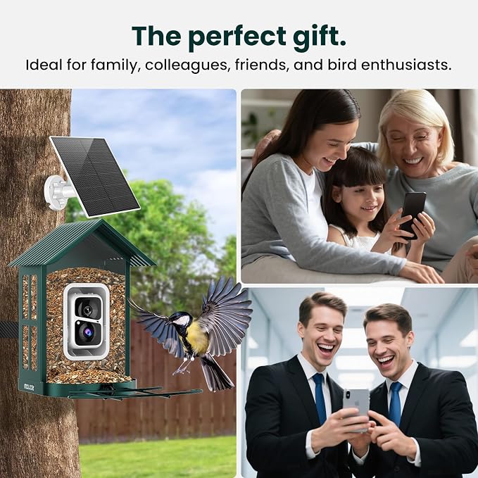 SOLIOM Bird Feeder with Camera, Solar Smart Bird Feeder Camera with AI Bird Identification, 2K HD Live View & Instant Alerts, Squirrel-Proof Metal Outdoor Bird Feeder, Bird Watching Gift Set (Green)