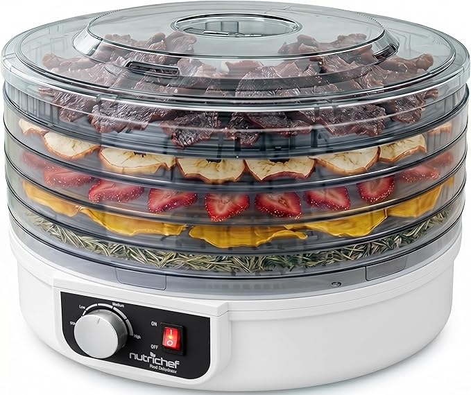 NutriChef Electric Countertop Food Dehydrator - Multi-Tier High-Heat Circulation Professional Food Preserver, Fruit, Vegetable Dryer, Meat or Beef Jerky Maker w/ 5 Stackable Trays - AZPKFD12
