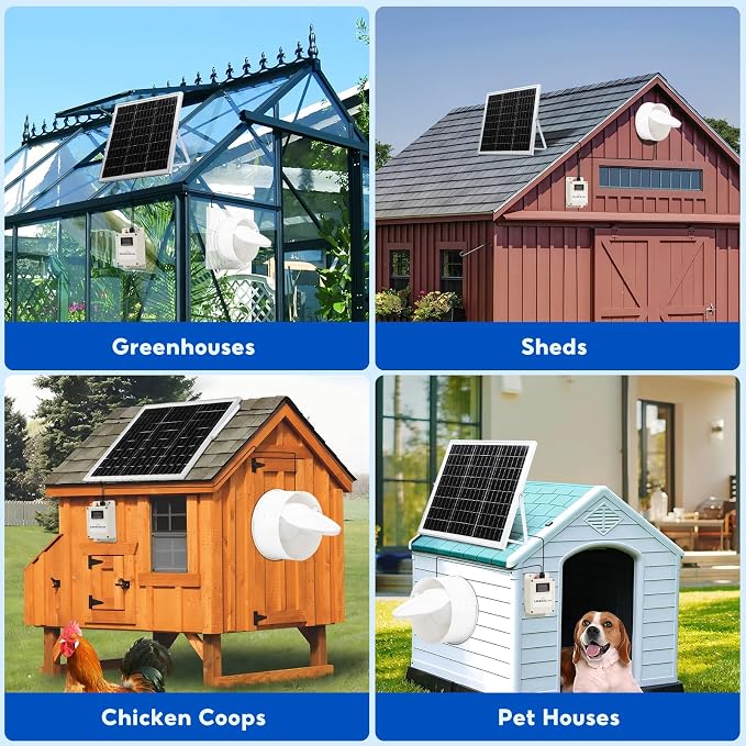 Solar Powered Fan with Battery,20W Solar Panel Weatherproof+ 8'' Solar Exhaust Fan with 9.84Ft On/Off Cable for Greenhouse Circulation, Chicken Coop, Shed, Pet Houses, Ventilation