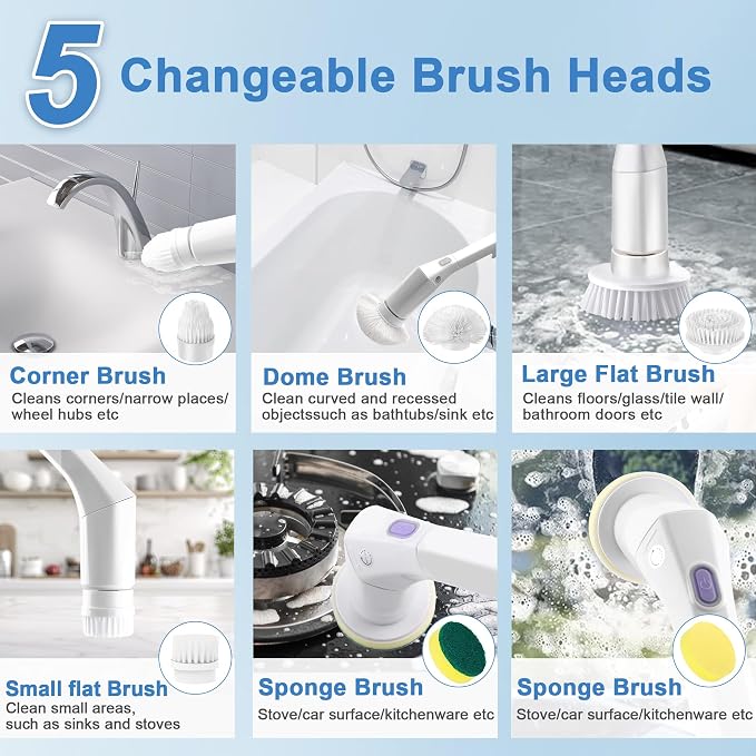 Electric Spin Scrubber, Brush Head Angle Adjustable, Shower Brush, Cordless Cleaning Brush IPX6 Waterproof, 6 Replaceable Brush Heads, Extendable Handle, 2 Speed, for Bathroom, Tile, Kitchen, Car