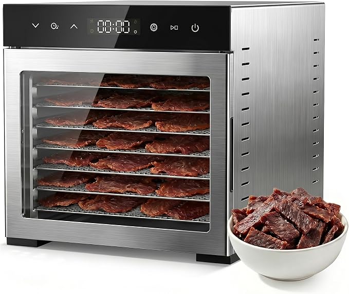 OLIXIS Food Dehydrator Machine, 500W Jerky Dehydrators with 8 Stainless Steel Large Trays, 185°F Temperature Control & 24H Timer Food Dryer for Fruit Meat Herb Dog Treats, Silver
