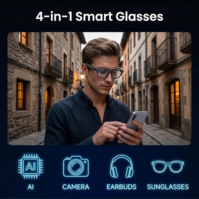 AI Smart Camera Glasses, 1080P HD POV Video Recording and Translator, Object Recognition, Bluetooth Audio for Music Calls, 290mAh Battery, Photochromic Lenses for Vlog, Travel and Work