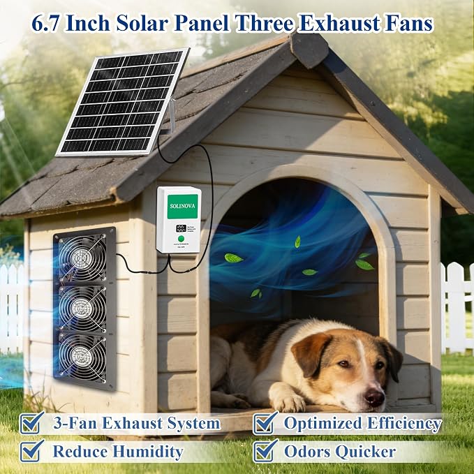 Solar Fan, 25W Solar Exhaust 3-Fan with 7500mAh Battery, Solar Powered Fan for Intake or Exhaust Vent Cooling, Solar Ventilation Fan for Greenhouses, Chicken Coops, Attics, Barns, Sheds, Dog Houses