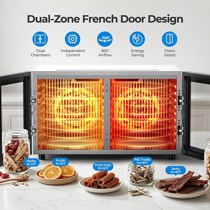 OSTBA Dual Zone Food Dehydrator, 20 Stainless Steel Trays, 1300W Dual Layer Food Dryer, 180℉ Adjustable Temp, 48H Digital Timer, 10 Presets for Jerky, Meat, Fruit, Herbs, Home & Commercial Use