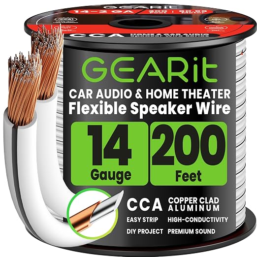 GEARit 14 Gauge Speaker Wire 200ft,Flexible Speaker Cable with Foot Markers & Polarity Markings,14 Gauge Wire for Car Audio & Home Theater Speakers,Audio Cable for DIY Installations,CCA(White)