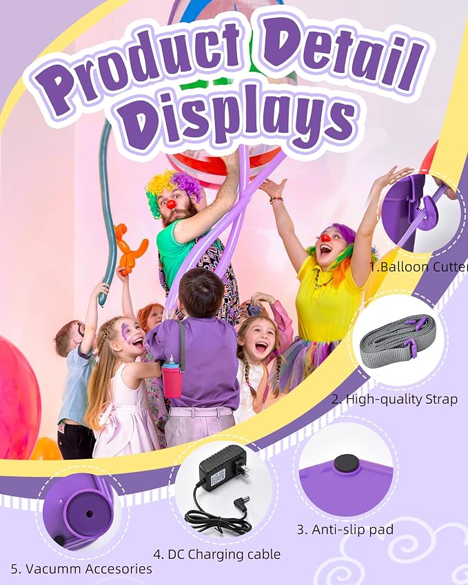 Portable Balloon Pump Electric, Rechargeable Cordless Balloon Pump Inflator for All Balloons, Latex 260q Foil Mylar Balloon Inflation, Quick-Fill Inflator& Deflator for Inflatables,Purple