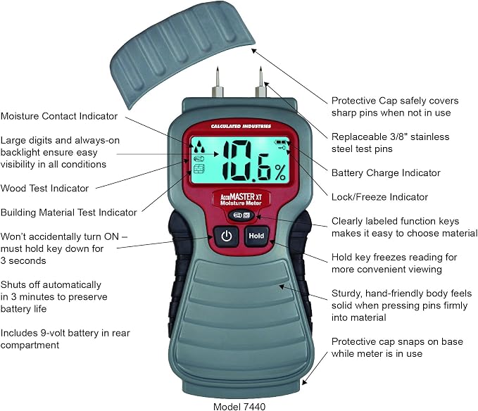 Calculated Industries 7440 AccuMASTER XT Digital Moisture Meter | Handheld |Pin Type | Backlit LCD Display | Detects Leaks, Damp and Moisture in Wood, Walls, Ceilings, Carpet and Firewood | Handheld, Pin Type, Backlit LCD Display, Detects Leaks, Damp a...
