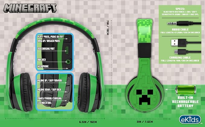 Minecraft Kids Bluetooth Headphones, Wireless Headphones with Microphone | Volume Reduced and Adjustable Headband
