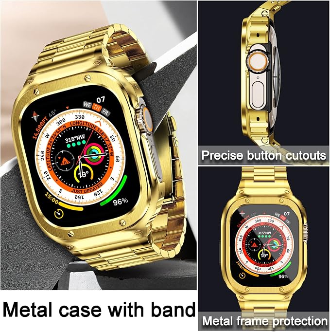 MioHHR Stainless Steel Band and Case Compatible with Apple Watch Band 49mm, Men Metal Protective Bumper Cover for iWatch Series Ultra 3/2/1, Gold