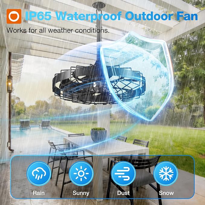 addlon 20 Inch Outdoor Ceiling Fan without Light, IP65 Waterproof Plug in Caged Hanging Fan, Remote Control, 6 Speeds Reversible Outdoor Fans for Patio, Gazebo, Pergola, Porch