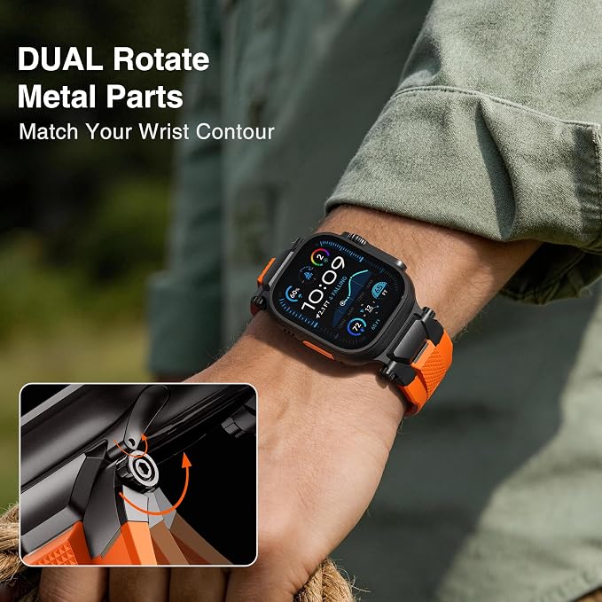ULTIMAL Rugged Band for Apple Watch Ultra 3/2/1 49mm, Series 11/10/9/8/7/6/5/4 SE 46mm/45mm/44mm, Waterproof, Soft TPU Strap with Stainless Steel Buckle & Connectors, Sweat-Resistant, Easy to Clean, Fits 155-225mm Wrist (Black/Orange)