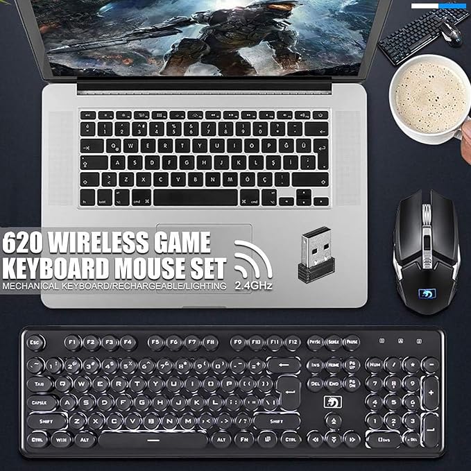 Gaming Keyboard and Mouse Combo, 2.4Ghz Wilress Keyboard with LED White Backlit 104-Key Full Size Ergonomic and Optial Mice for PC/Laptop