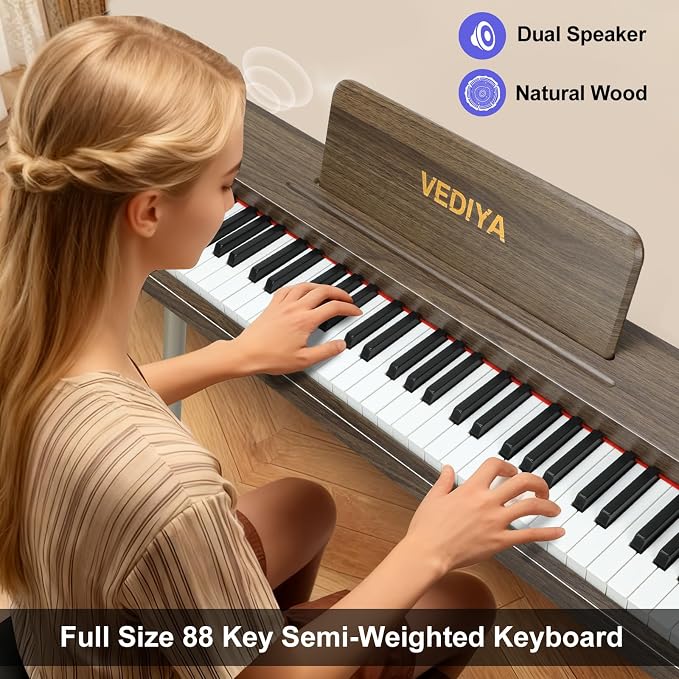 Digital Piano Keyboard 88 key,Semi-Weighted Electric Piano,Full Size Acoustic Piano for Beginners with Pedal, USB-MIDI Compatibility (Walnut)