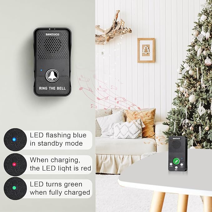 Wireless Doorbell, SANZUCO Doorbells Hands Free Communication, Full Duplex Waterproof Door Bell 1000 Feet Range Rechargeable with 4 Melodies, 8 Volume Levels, 2 Receiver + 2 Transmitter, Black