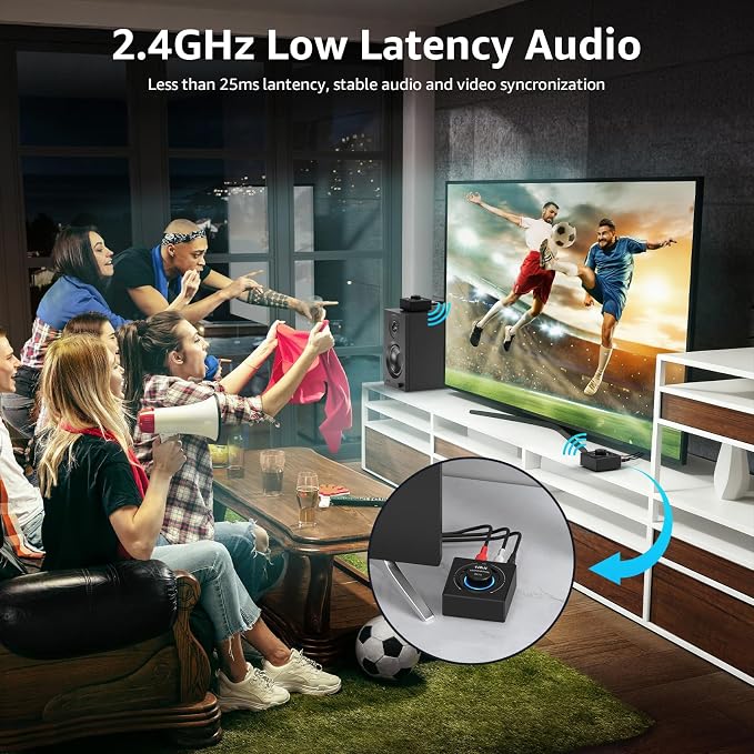 1Mii 2.4GHz (1 TX + 1 RX), Wireless Transmitter Receiver - 200ft Long Range 25ms Low Latency, Wireless Audio Adapter with RCA/AUX, Plug & Play for TV/Home Stereo/Soundbar/Powered Speakers/Amplifier
