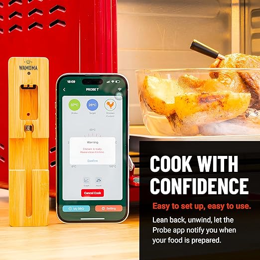 Smart Wireless Meat Thermometer - IPX7 Waterproof Ultra-Thin Probe | Bluetooth App-Controlled Digital Food Thermometer for BBQ Smoker, Kitchen Grilling Oven & Rotisserie with 165ft Range