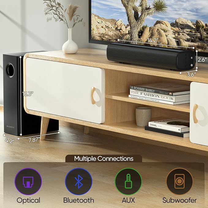 Sound Bars for Smart TV with Wired Subwoofer, 2.1 Deep Bass Small Soundbar Home Theater Surround System Speaker with 4 Inch Subwoofer, Bluetooth/Optical/AUX Connection, Compact Soundbar for TV
