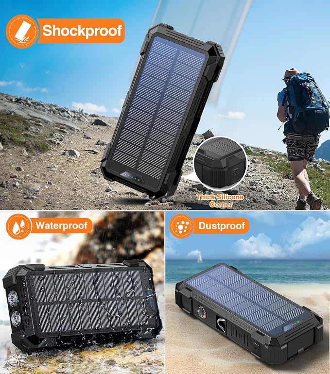 Sudrov Solar Charger Power Bank, 20000mAh Wireless Portable Charger with USB-C in/Output, QC3.0 Fast Charging 15W 4 Ports Outdoor Battery Pack Built-in LED Flashlight, for iPhone, Galaxy, iPad etc