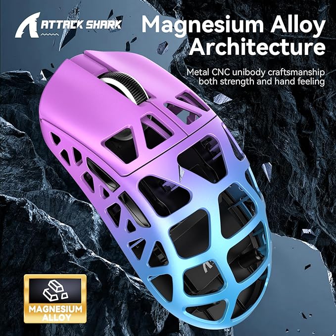 R3 46g Superlight Magnesium Alloy Wireless Gaming Mouse, BT/2.4Ghz/Wired Computer Mouse, 8000Hz Wireless Polling Rate, PAW3395 26K DPI Sensor, Programmable Mice, PC/Laptop/Mac (Purple&Blue)