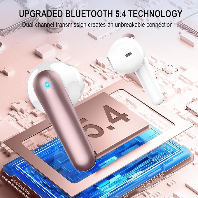 Wireless Earbuds, Bluetooth 5.4 Headphones, 48H, Stereo Ear Buds, LED Display Earphones with Mic, IP7 Waterproof In EarBud, Comfort Fit, Bluetooth Earbuds for Phone Android iOS, Sport, Walk, ose Gold