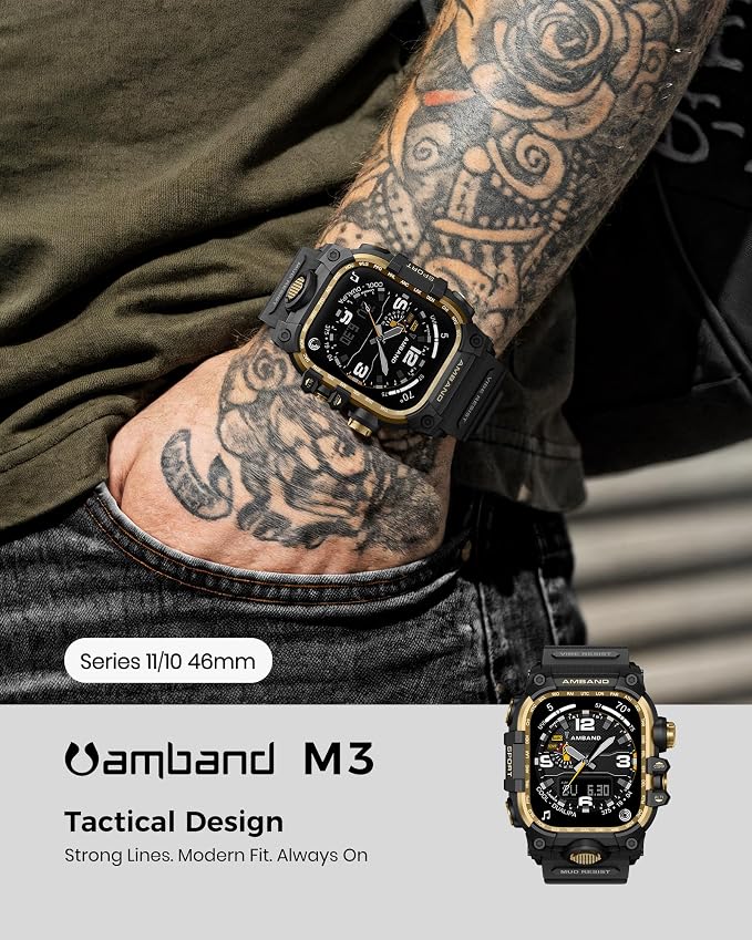 amBand Rugged Case with Band for Apple Watch 46mm, Compatible with Apple Watch (iWatch) Series 10 11, Military Grade Shockproof Bumper Cover, Tactical Band for Men, Black Gold