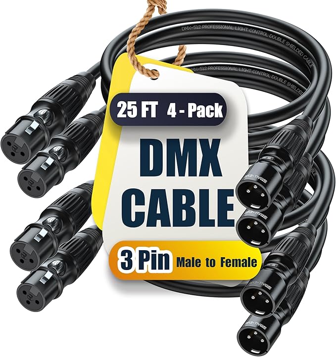 SMALL-EYE 3 Pin DMX Cable 25 ft 4 Pack – DMX512 Male to Female Cable for Professional DMX Lighting Control Systems