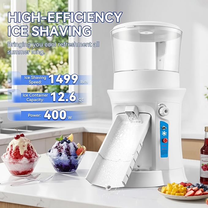 Electric Ice Shaver Machine, 400W Shaved Ice Machine, Thickness Adjustable Snow Cone Maker Machine 1499LBs/hr Ice Crusher for Bar Parties Events Snack, Home and Commerical Use(13.8Qt)